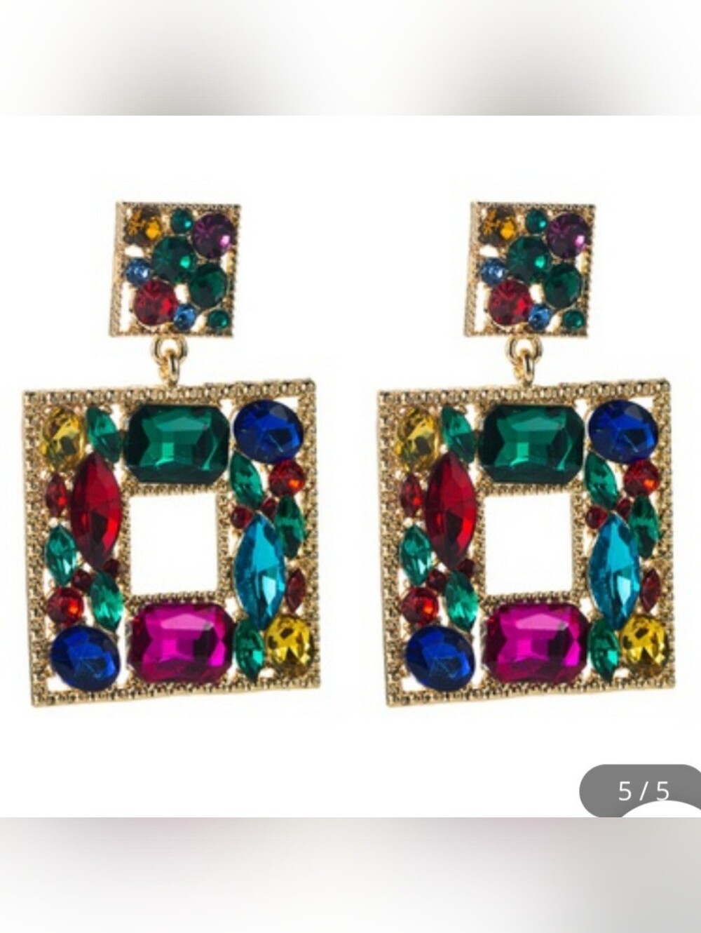 Jewel Tone Rhinestone Geometric Statement Earrings - Picture 6 of 11